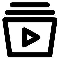 Black and white icon of a cup with three horizontal lines above it and a play button inside.