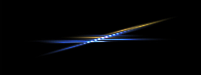 Yellow Blue neon crossing laser beam, glowing speed line. Techno designer elements isolated, thunder bolt vector eps . Shine rays on black background. Overlay abstraction banner