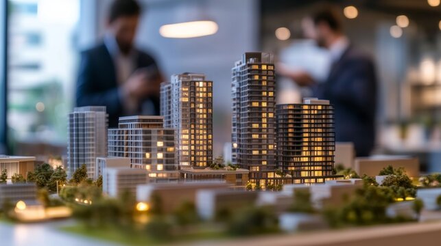 Business professionals strategizing real estate development plans with architectural models in a modern office setting
