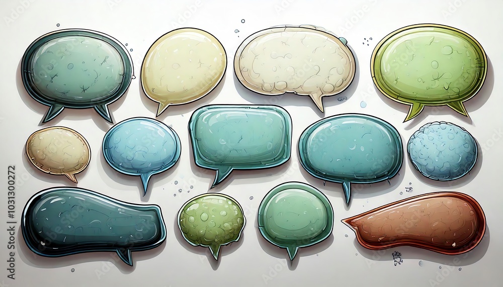 Poster colorful speech bubbles in various shapes and sizes, perfect for communication and expression themes