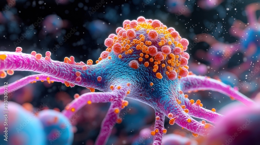 Poster close-up view of a colorful cell with protrusions and particles.