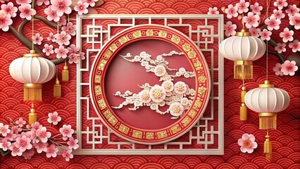 Chinese New Year 2018 Banner with Cherry Blossoms and Oriental Clouds Design for Festive Celebrations