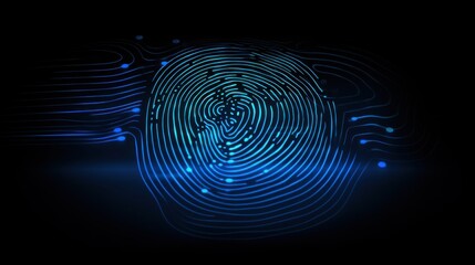 A radiant blue digital fingerprint on a dark backdrop signifies security and personal identity in the digital age.