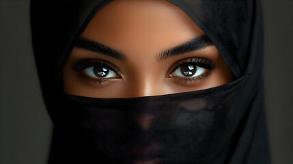 Naklejka premium Close-up of a woman wearing a black hijab, emphasizing her eyes.