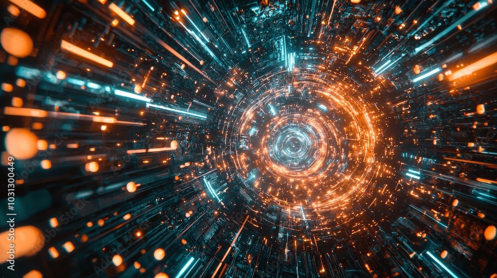 Poster luminous vortex with glowing particles and motion effects