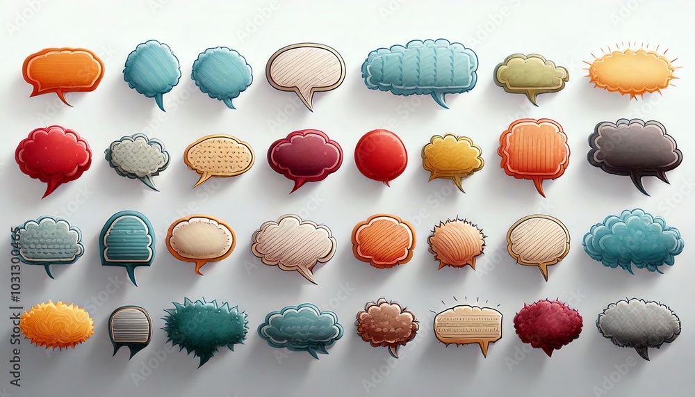 Poster colorful speech bubbles arranged in a grid, showcasing various shapes and colors, symbolizing commun