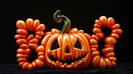 Festive Halloween Balloon Art Featuring a Pumpkin and Boo Design on a Dark Background
