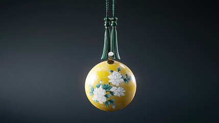 Elegant Yellow Ceramic Ornament with Floral Design Hanging Against Dark Background