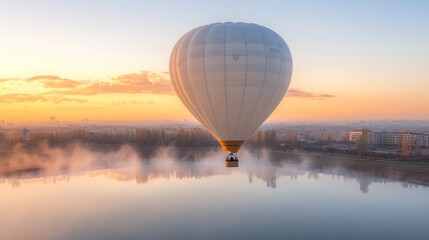 Hot air balloon floating over a serene lake at sunrise.