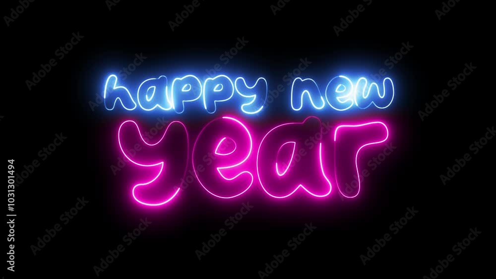 Poster happy new year neon sign. happy new year text font with light. luminous and shimmering haze inside t