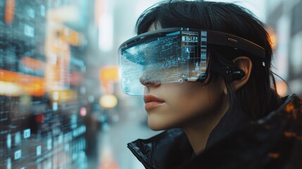 Futuristic Woman Wearing Augmented Reality Glasses in a Digital Cityscape with Neon Lights and Holographic Interfaces