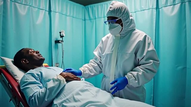 A healthcare professional in a protective suit treating an Ebola patient in an isolation ward, with focus on the extreme safety precautions taken during infectious disease outbreaks