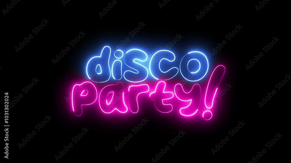 Poster disco party neon sign. disco party text font with neon light. luminous and shimmering haze inside th