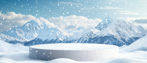 A serene winter landscape features a snowy circular area with majestic mountains and soft snowfall under a bright blue sky.