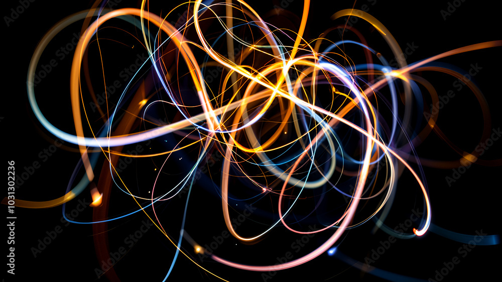 Poster abstract light trails dance: a mesmerizing display of vibrant, swirling light trails against a deep 