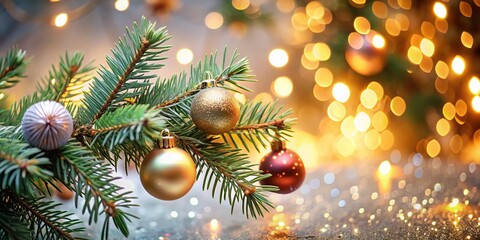 Obraz premium Christmas Tree Branch with Bokeh and Copyspace for Holiday Greetings