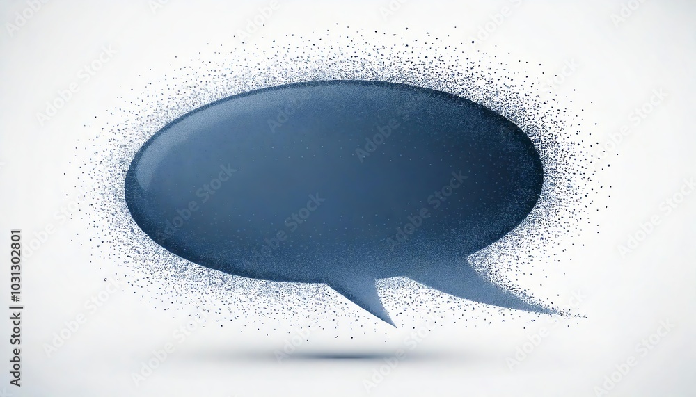 Poster a stylized speech bubble made of dispersed particles, symbolizing communication and conversation in 