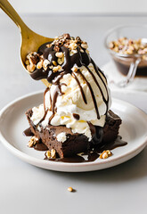 fudgy brownie on a plate with vanilla ice cream