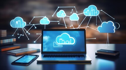 Glowing cloud icons hover above tech devices, symbolizing connectivity and modern digital solutions in a high-tech environment.