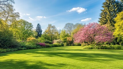 Ornamental Garden with Majestically Blossoming Large Trees on Fresh Green Lawn, Serene and Lush Nature Landscape.