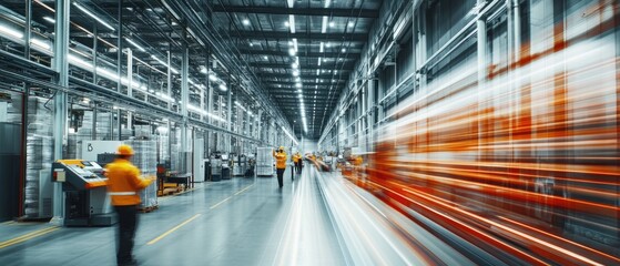 Very realistic and photographic photo of a sleek warehouse interior with motion-blurred workers and automation machinery operating at full capacity The long exposure creates an energetic, dynamic