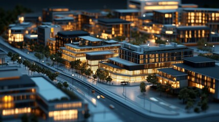 A detailed architectural model showcasing a modern urban area with illuminated buildings at twilight