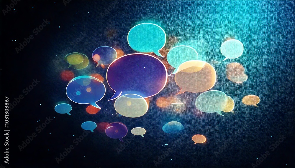 Poster a vibrant display of colorful speech bubbles against a dark background, symbolizing communication an