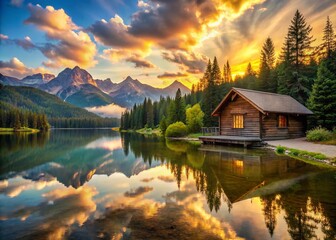 Classic Wooden Log Cabin by the Lake - Tranquil Landscape Photography