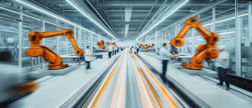 Very realistic photo of a clean, streamlined factory space with workers blurred in motion and striking orange robotic arms executing precise tasks The long exposure technique creates a seamless flow