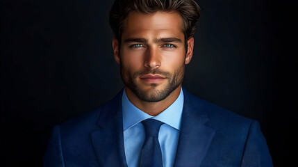 A well-dressed man in a blue suit against a dark background.