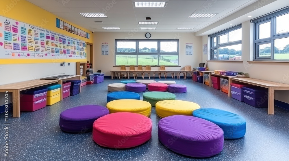 Poster a colorful classroom with seating and storage for learning activities.