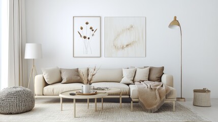 A realistic photo of a stylish living room with white walls, a beige sofa, and a coffee table A soft rug, modern floor lamp, and decorative paintings complete the roomâ€™s cozy and elegant atmosphere