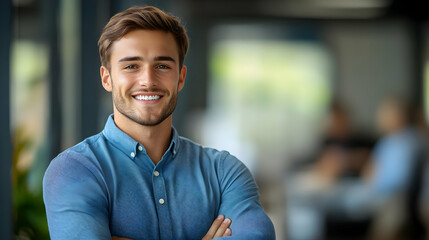 Smiling young man in a professional setting with a blurred background.