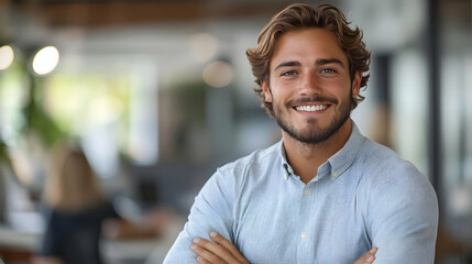 Fototapeta premium Smiling man in a modern office setting with crossed arms.