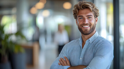 Obraz premium A smiling man in a professional setting, exuding confidence.
