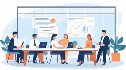 Colleagues engage in a meeting, reviewing charts and graphs in a bright, modern office, fostering collaboration and focused business discussions.