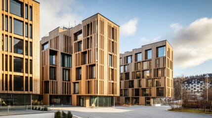 Modern buildings, constructed with timber, stand tall against a cloudy sky, showcasing eco-friendly architecture in Europe's urban landscape.