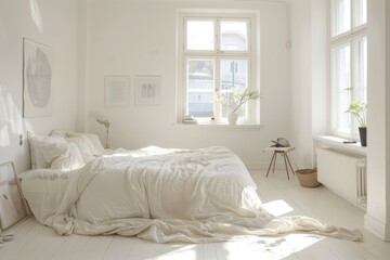 Bright and cozy white bedroom with a minimalist aesthetic and soft decor