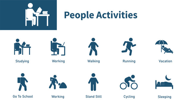 People activity icon. Set of solid vector icons on study, work, run, vacation, sleep.