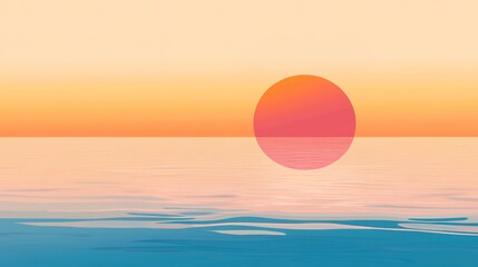 Obraz premium Minimalist Sunrise Over Water Scene with Soft, Subtle Colors. A Simple and Elegant Depiction of the Sun Rising Above a Calm, Reflective Body of Water, Creating a Peaceful and Serene Atmosphere.