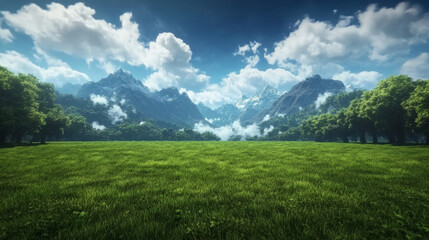 A lush green meadow with a stunning mountain backdrop.