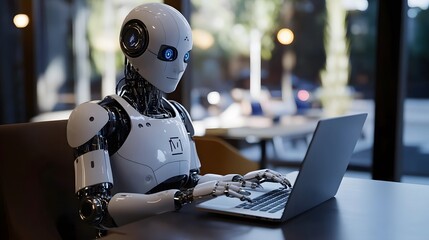 Fototapeta premium White Robot Using a Laptop in a Coffee Shop Setting
