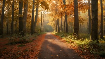 Obraz premium Autumn Forest Path with Golden Light