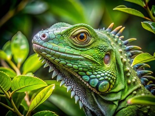 Fototapeta premium Close-Up of a Green Iguana Camouflaged Among Leaves in Nature