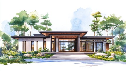Modern House Watercolor Illustration  Contemporary Home Architecture  Minimalist Design  Landscape  Nature  Front View   Exterior Design