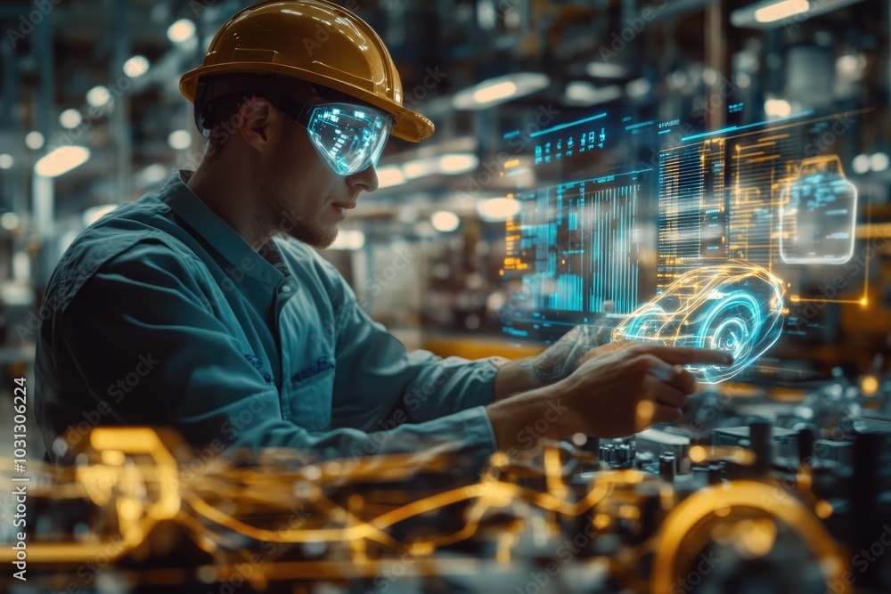 Poster very realistic and photographic photo of an engineer working with high-tech holographic interfaces i