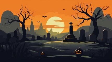 Atmospheric illustration of a graveyard at dusk, with eerie pumpkins and silhouetted trees against an orange sky.