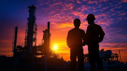 Fototapeta premium Silhouettes of Workers at Oil Refinery at Sunset