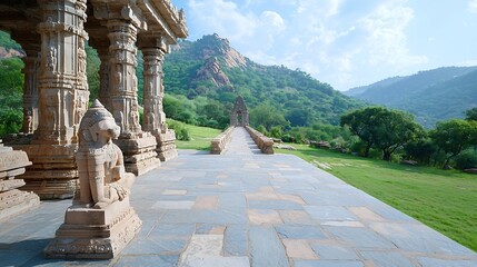 An expansive shot of a legendary temple ruins, showcasing majestic columns and detailed carvings set against a serene landscape. The deep depth of field highlights both the architecture and the