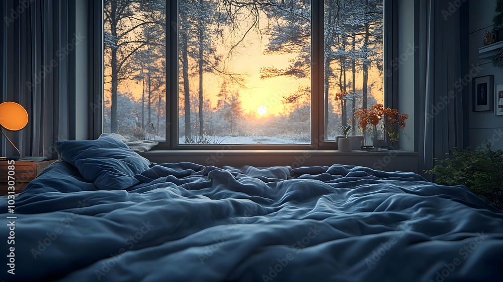 Canvas Prints Cozy bedroom with a view of a winter sunrise and flowers.